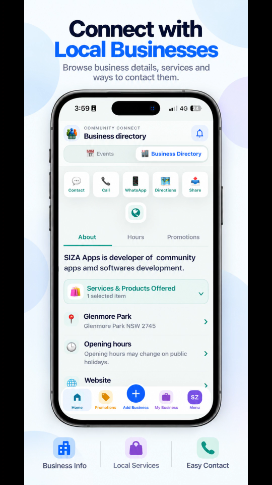 Business contact details and opening hours from the Community Connect demo