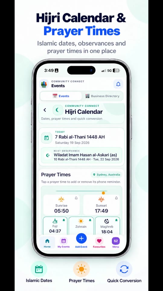 Hijri calendar and prayer times in Community Connect, from the demo recording