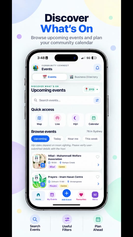 Events home screen from the Community Connect demo